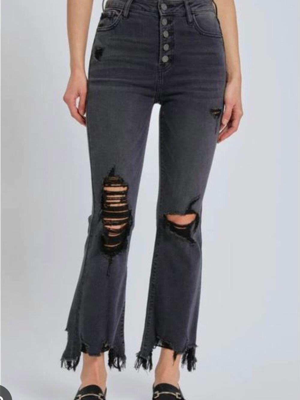 HIDDEN Jeans Womens 27 Black High Rise Button Fly Crop Flare Distressed Stretch